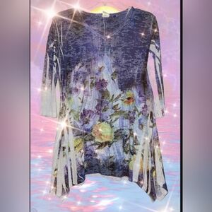 Jess & Jane Paloma Tunic Size Med Floral Blue Artsy Long Flowy Rhinestones